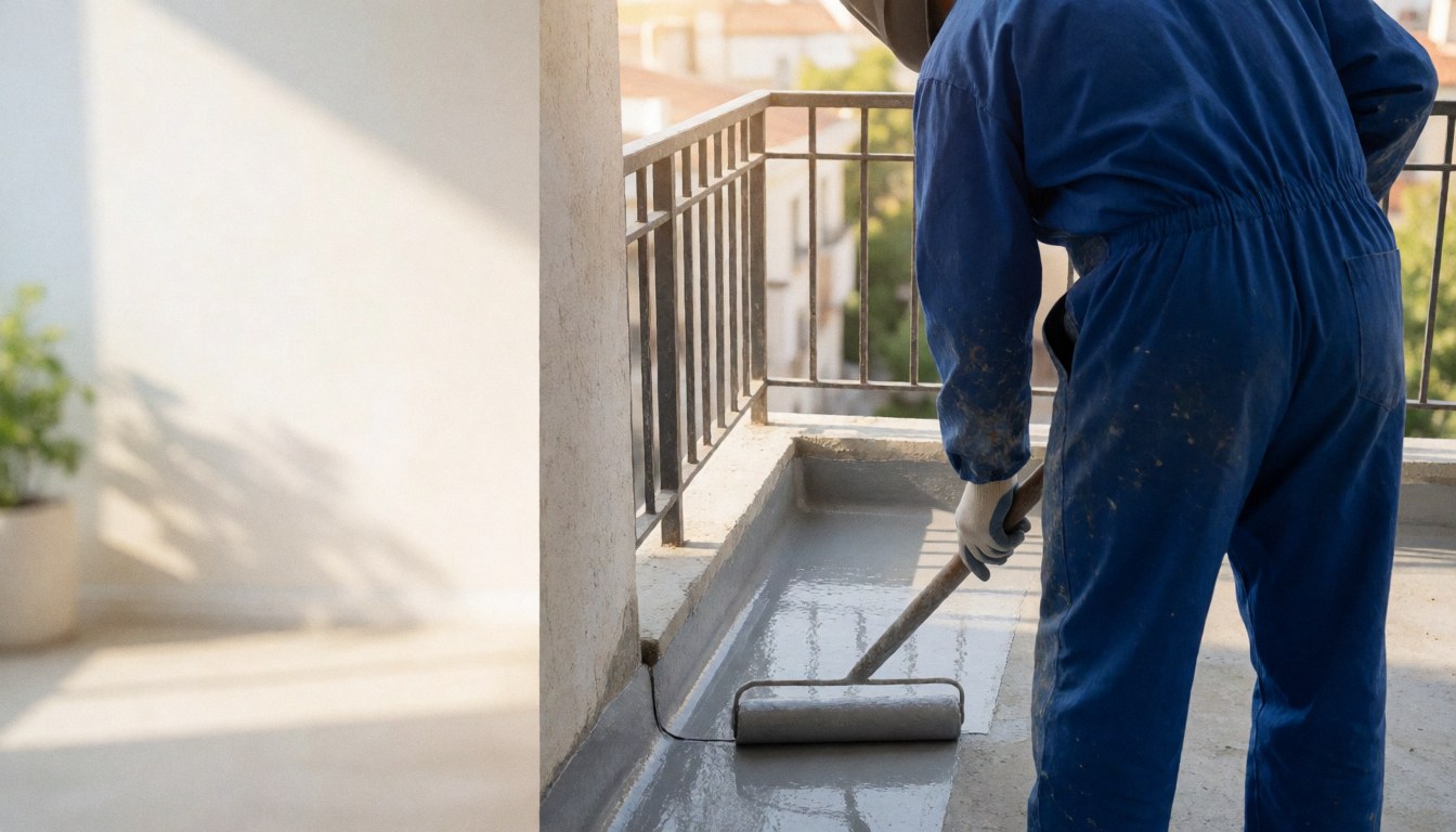 Technician using a roller to apply gray waterproofing membrane on a concrete balcony floor for exterior protection services.
