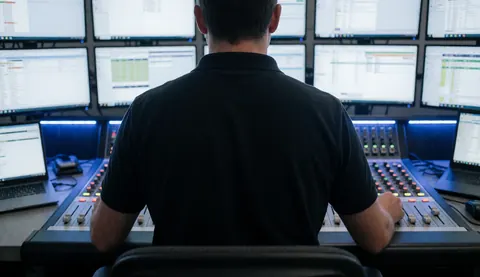 Technician adjusting faders on a mixer with monitors in an entertainment center with blue LED lights