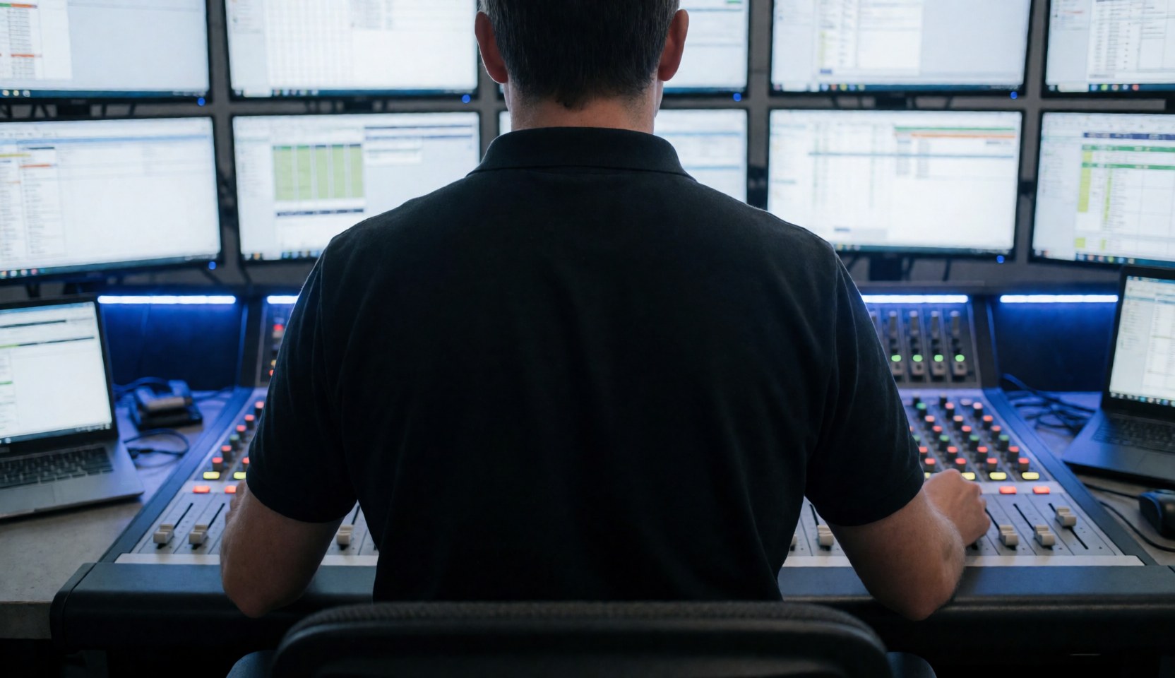 Technician adjusting faders on a mixer with monitors in an entertainment center with blue LED lights