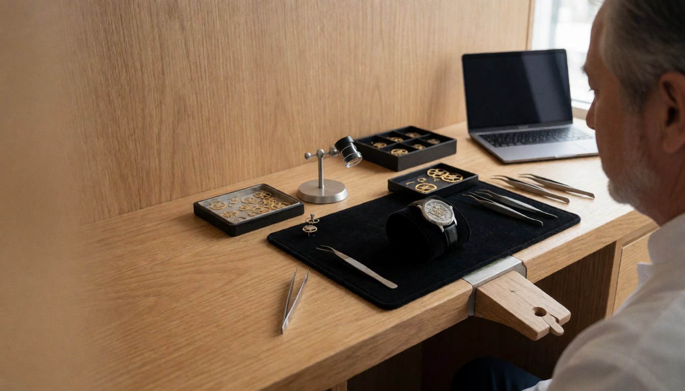 Skeleton mechanical watch resting on a black pad in a watch repair workshop with tools and light wood walls
