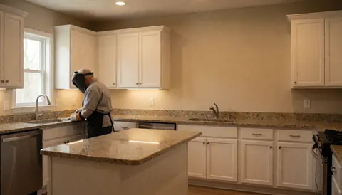 Kitchen installer working on a kitchen with granite countertop and white cabinets, illuminated with warm light.
