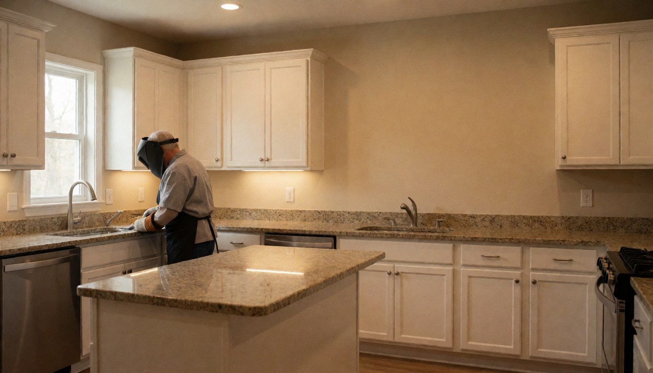Kitchen installer working on a kitchen with granite countertop and white cabinets, illuminated with warm light.