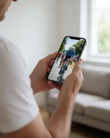 A person checks a cycling video on their smartphone while relaxing in a living room with white walls and a sofa in the background.