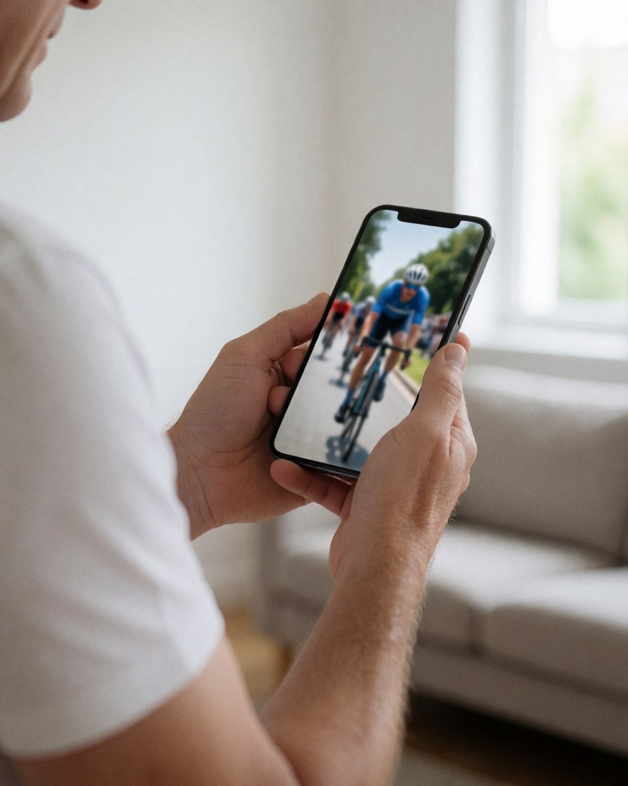 A person checks a cycling video on their smartphone while relaxing in a living room with white walls and a sofa in the background.