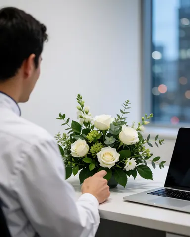 Back view of a customer observing white rose floral arrangement on a white table in a modern office with a window