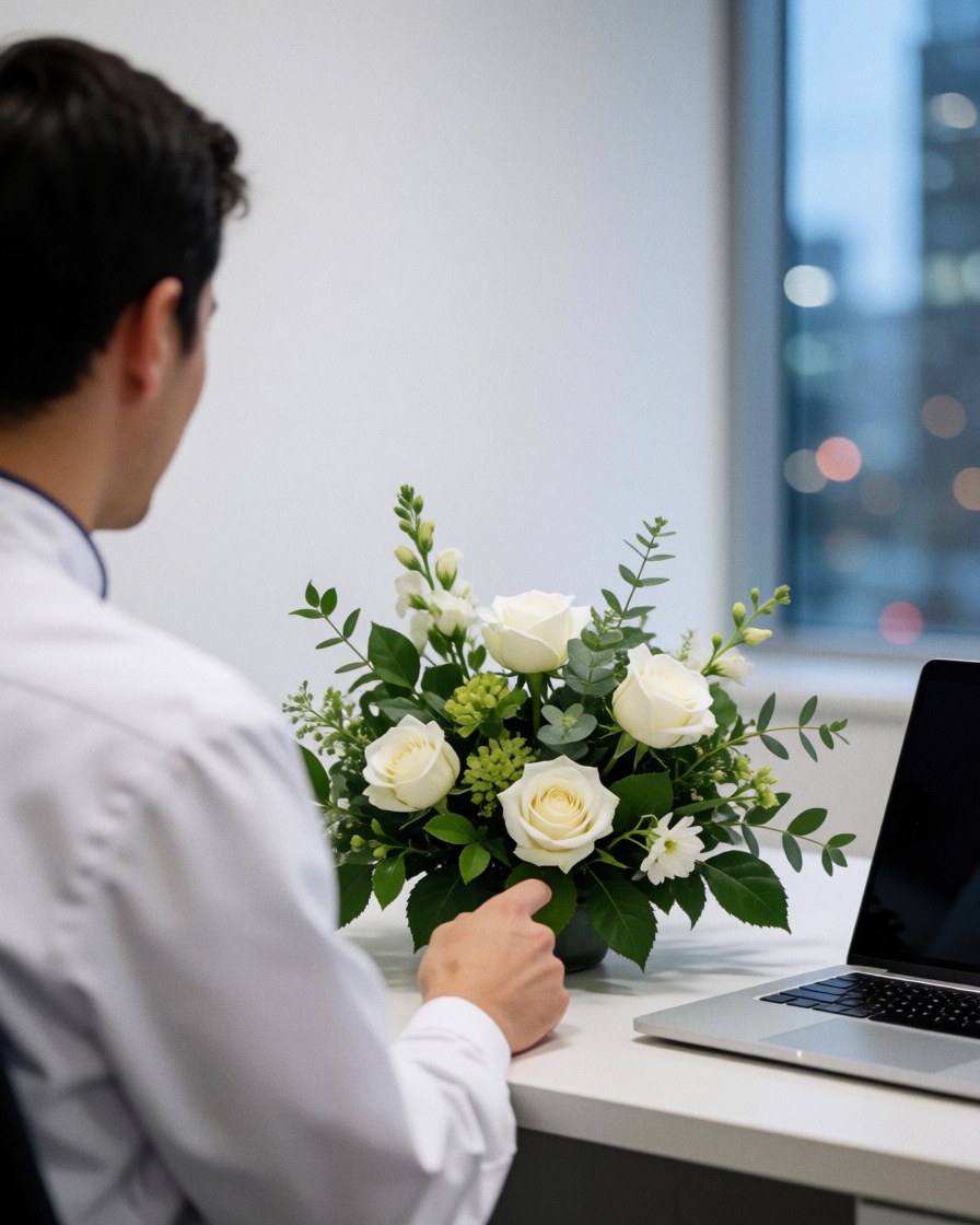 Back view of a customer observing white rose floral arrangement on a white table in a modern office with a window