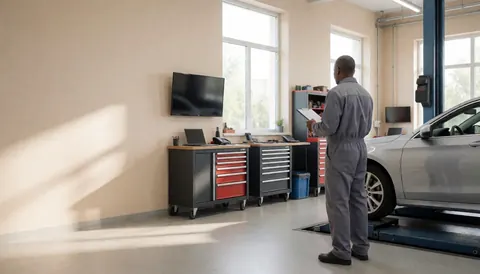 Mechanic checking vehicle on lift in bright workshop with natural light and copy space