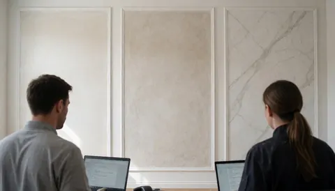 Two professionals with laptops observe three wall panels with different finishes: smooth, textured, and marble, in a stucco and finish sample.
