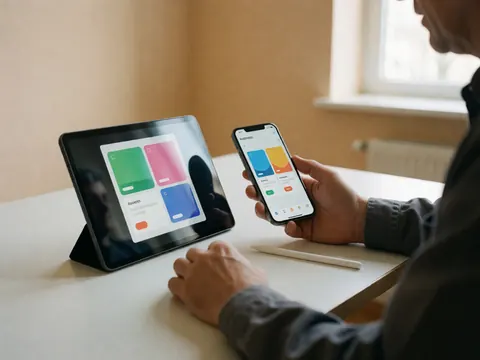 Professional comparing app interface on iPhone and tablet with stylus on white desk with natural light for software startups