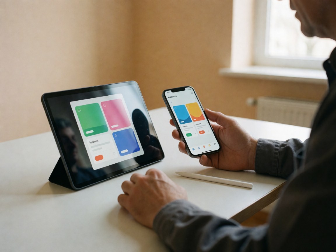 Professional comparing app interface on iPhone and tablet with stylus on white desk with natural light for software startups