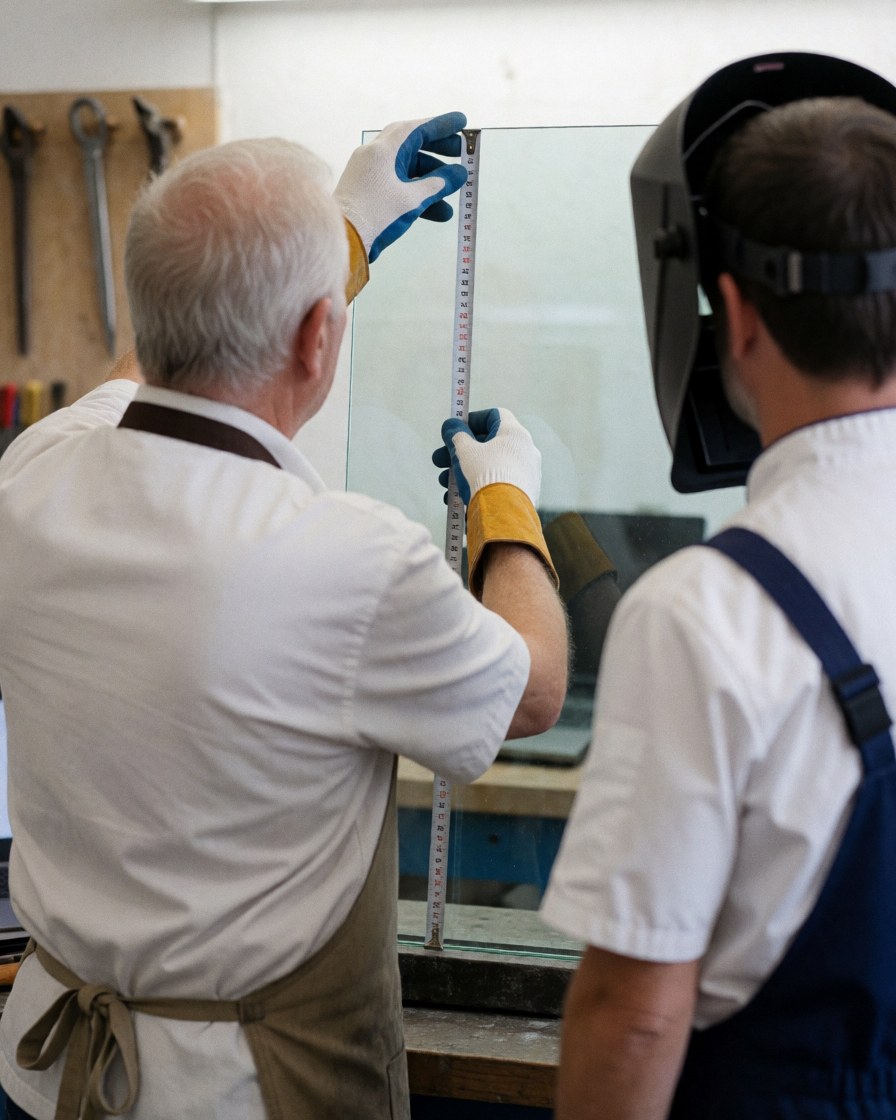 Two artisans measure a glass panel in a glassblowing workshop with tools hanging on the wall and protective gloves visible.