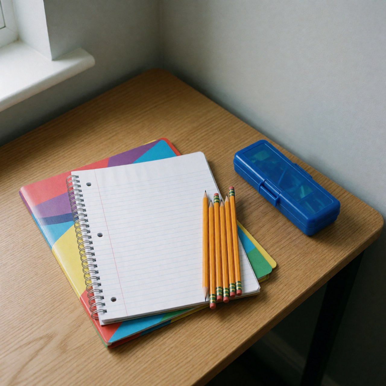 Spiral notebook and pencils with a blue box on a wooden table against a light gray wall, ideal for stationery products.