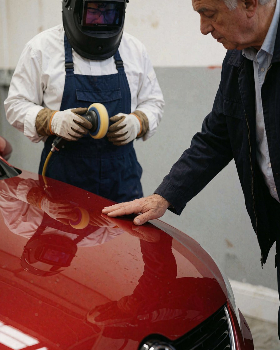 A customer inspects the polished hood of a red car while a technician uses a polishing cloth nearby.