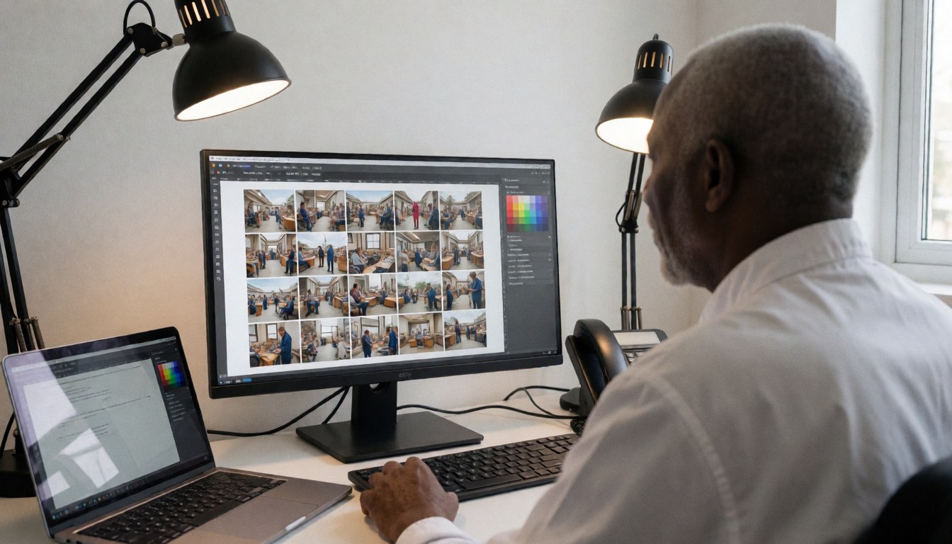 A documentary photographer selects images on a monitor with desk lighting and a white background, showing editing work.
