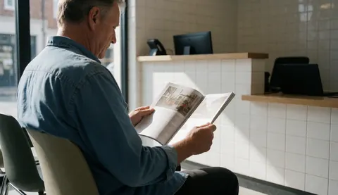 A man sits in a modern chair reading a magazine in a bright waiting area with white tiled walls.