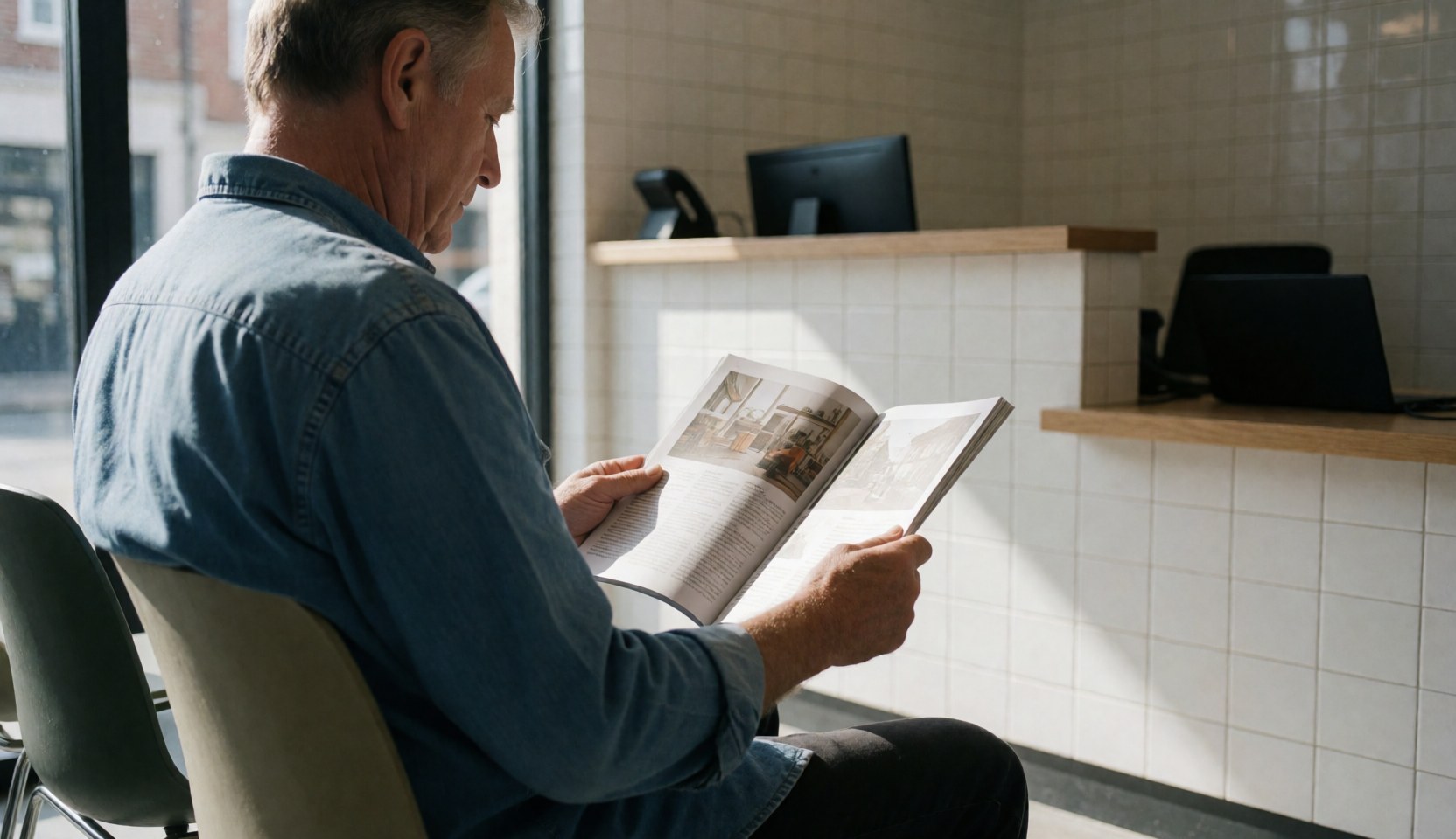 A man sits in a modern chair reading a magazine in a bright waiting area with white tiled walls.