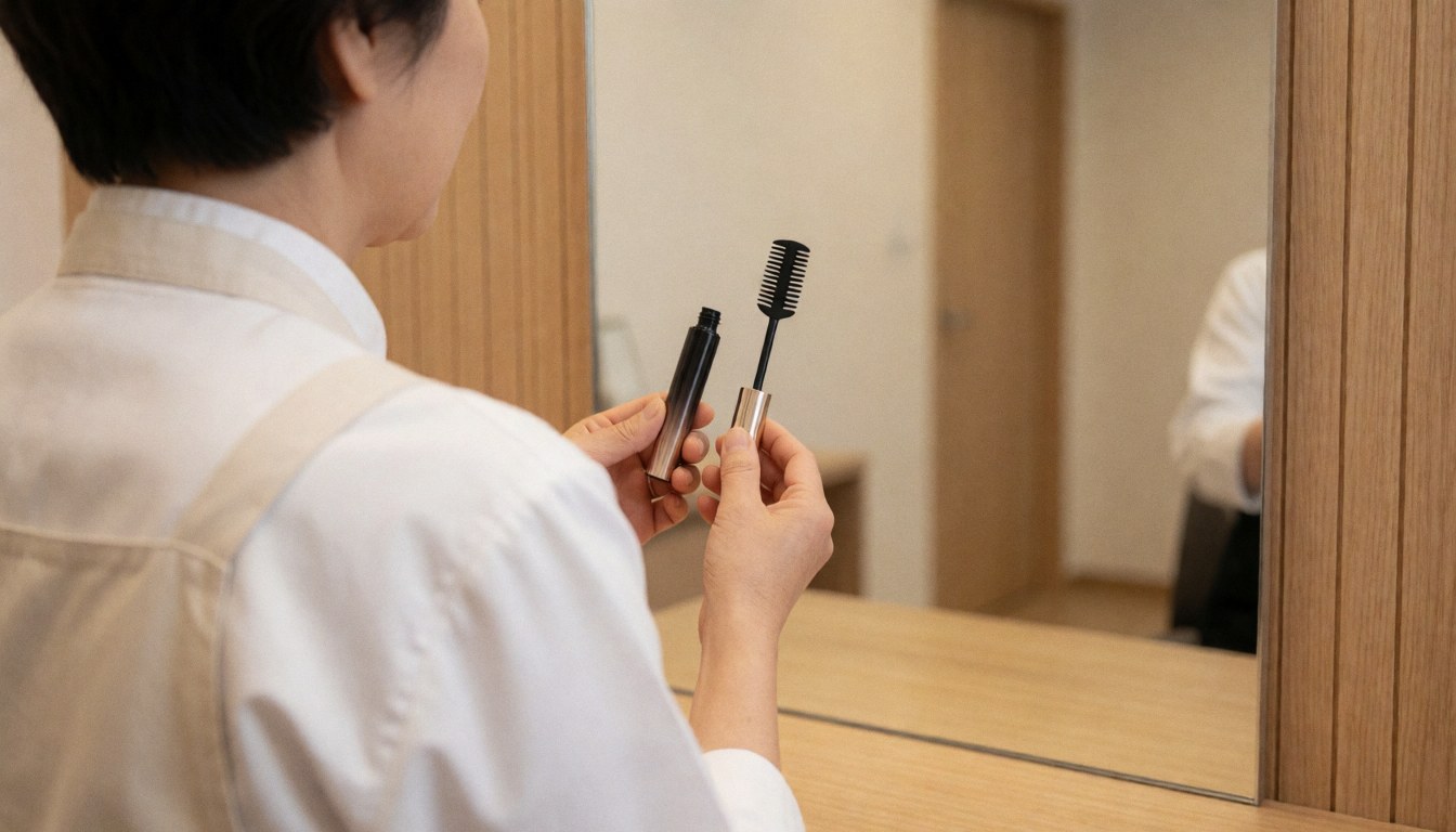 Lash technician holding mascara wand and mirror in salon with wooden walls