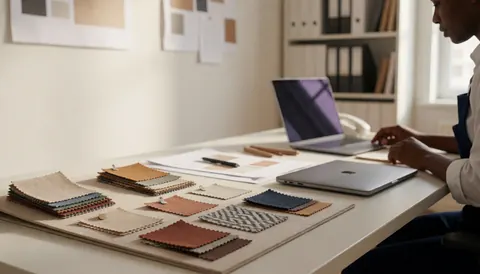 Modern office desk featuring a fabric mood board, laptop, and documents, ideal for party coordinators planning events
