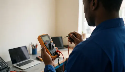 Appliance repair technician using a multimeter in a workshop with natural light and visible tools on a workbench.