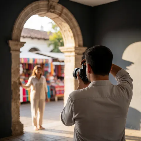 Photographer capturing a client portrait in a colonial arch with colorful textiles and warm light, ideal for professional portrait services.