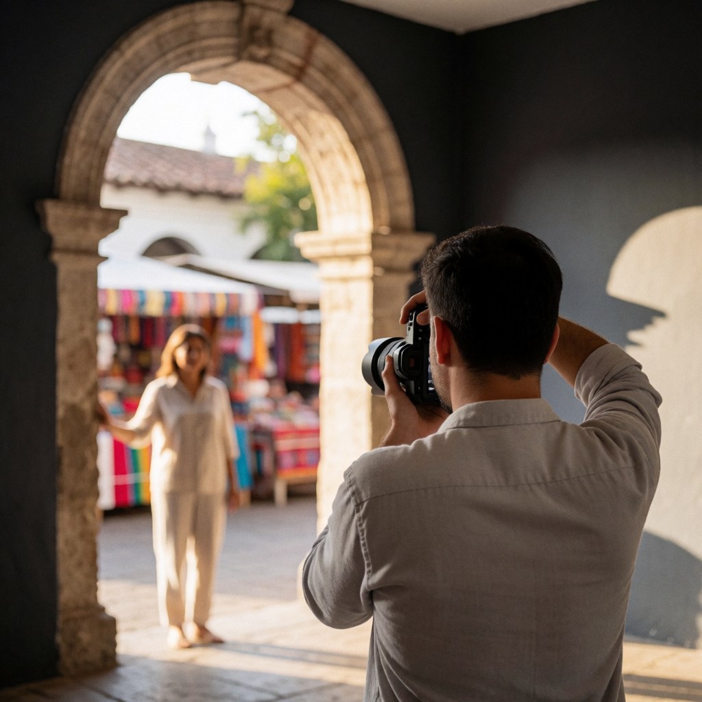Photographer capturing a client portrait in a colonial arch with colorful textiles and warm light, ideal for professional portrait services.