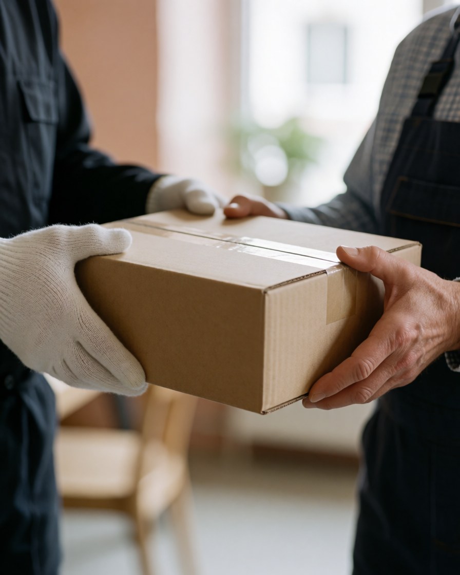 Close-up of hands receiving a cardboard package during last-mile delivery in a home with light plaster walls