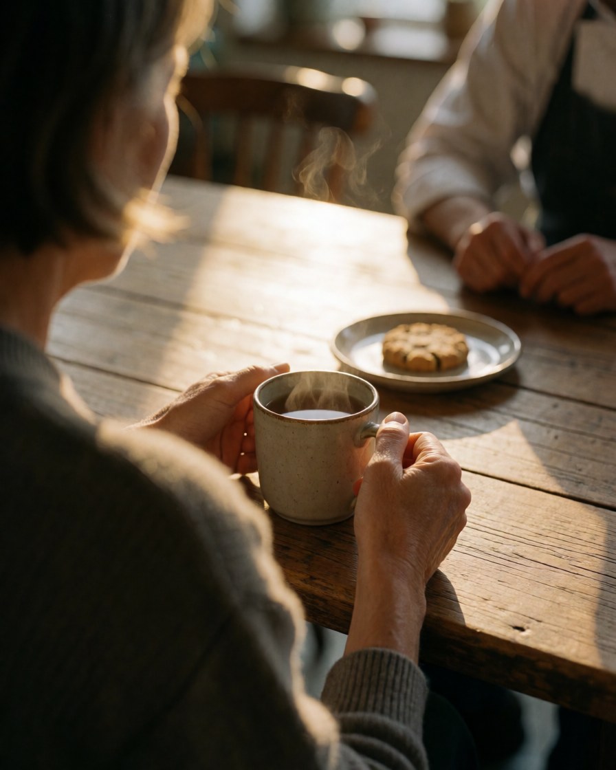 A customer relaxing with a cup of tea and a gluten-free cookie at a rustic wooden table in an ecological park