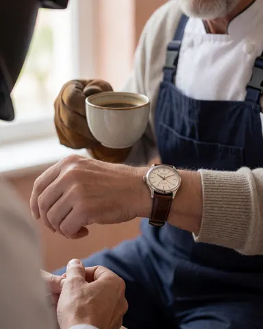 A satisfied client holding a new wristwatch and a coffee cup in a watch repair workshop with terracotta walls and natural light