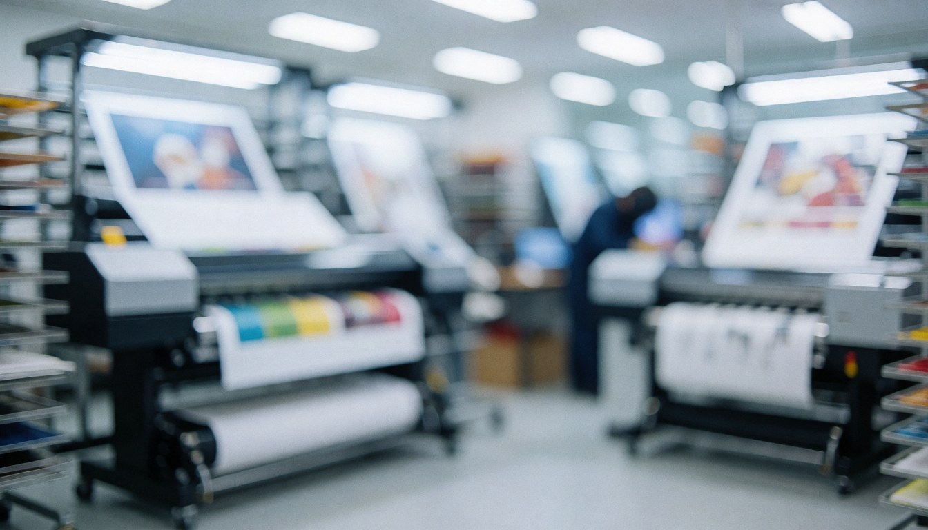 Professional printing studio background featuring large printers and bokeh, ideal for commercial text overlays