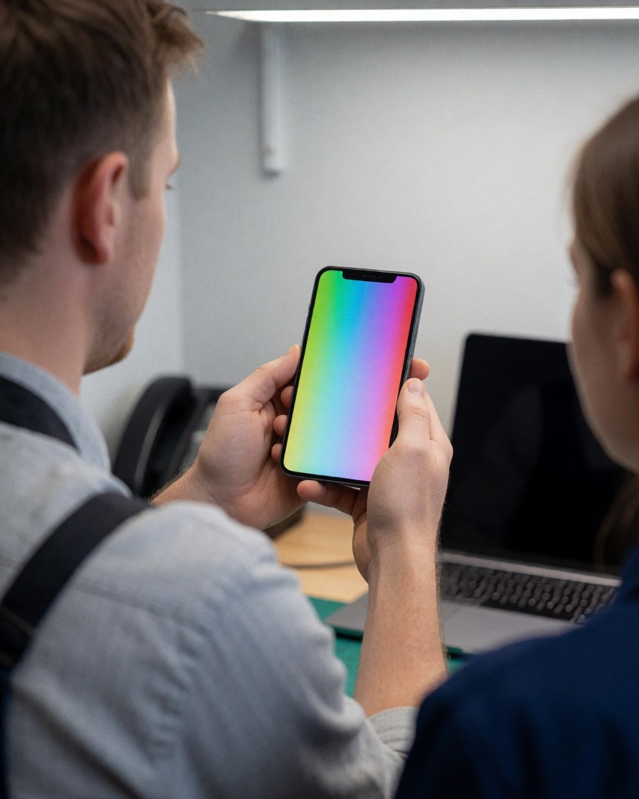 A technician displays a mobile phone with a bright, colorful screen to a client in a repair workshop.