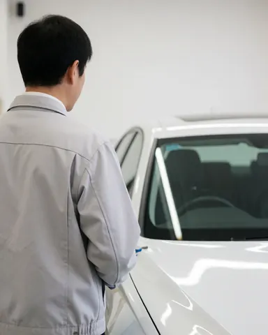 A satisfied client inspects the glossy paint job on a freshly painted white vehicle at an auto body shop.