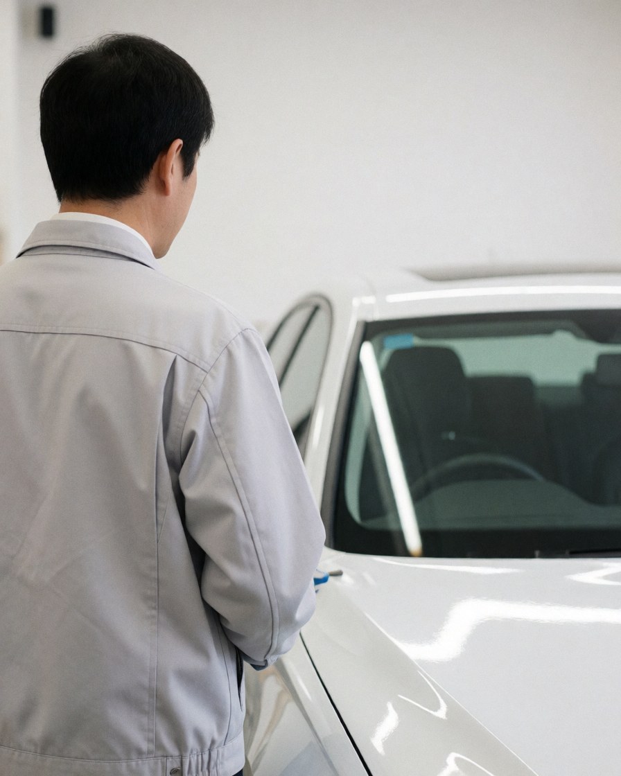 A satisfied client inspects the glossy paint job on a freshly painted white vehicle at an auto body shop.