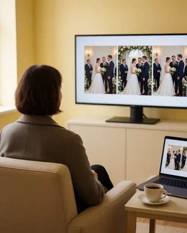 A woman sits in a comfortable chair reviewing wedding photos on a large screen with a coffee cup nearby in a warm room.