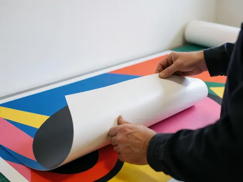 Hands peeling a printed banner sheet with vibrant colors from a clean cutting table in a textile workshop
