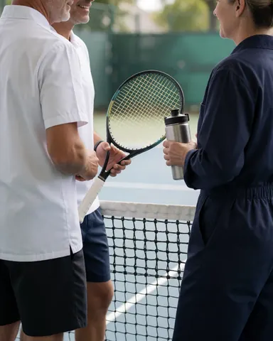 Two smiling adults holding a tennis racket and a water bottle standing near the tennis net on a court