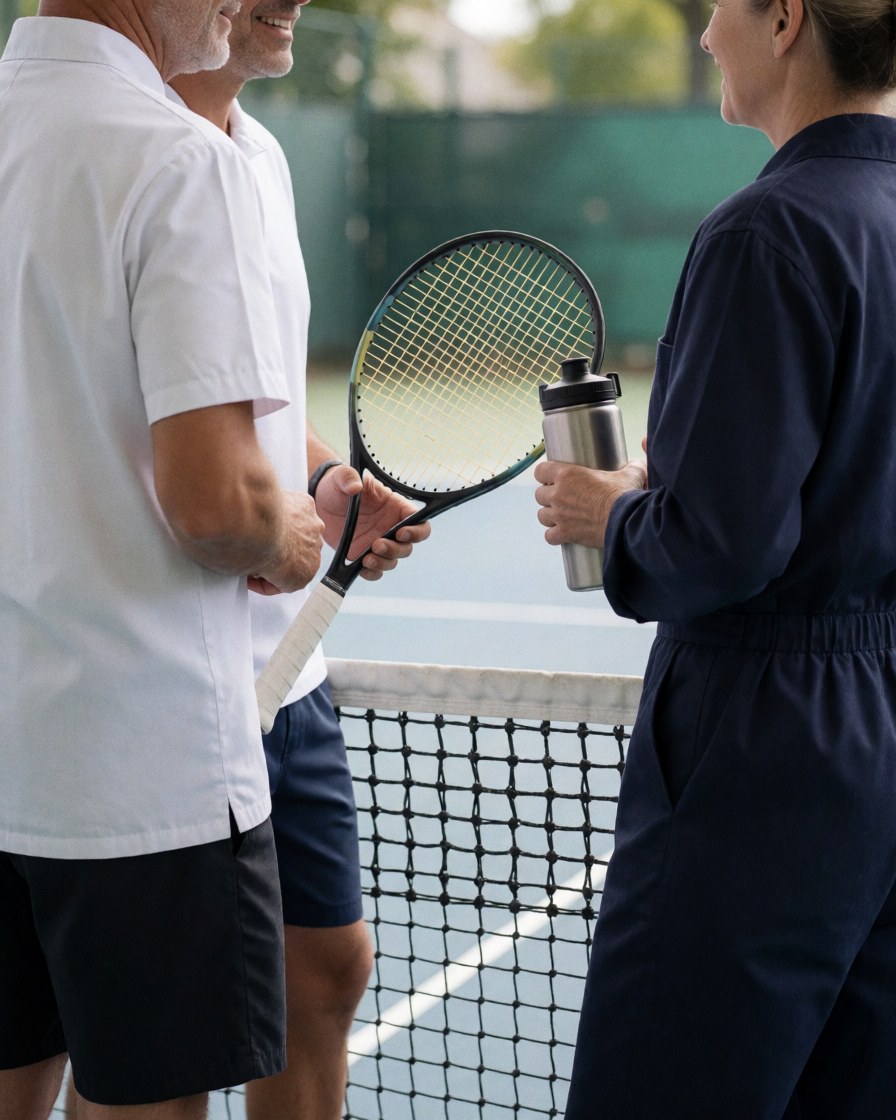 Two smiling adults holding a tennis racket and a water bottle standing near the tennis net on a court