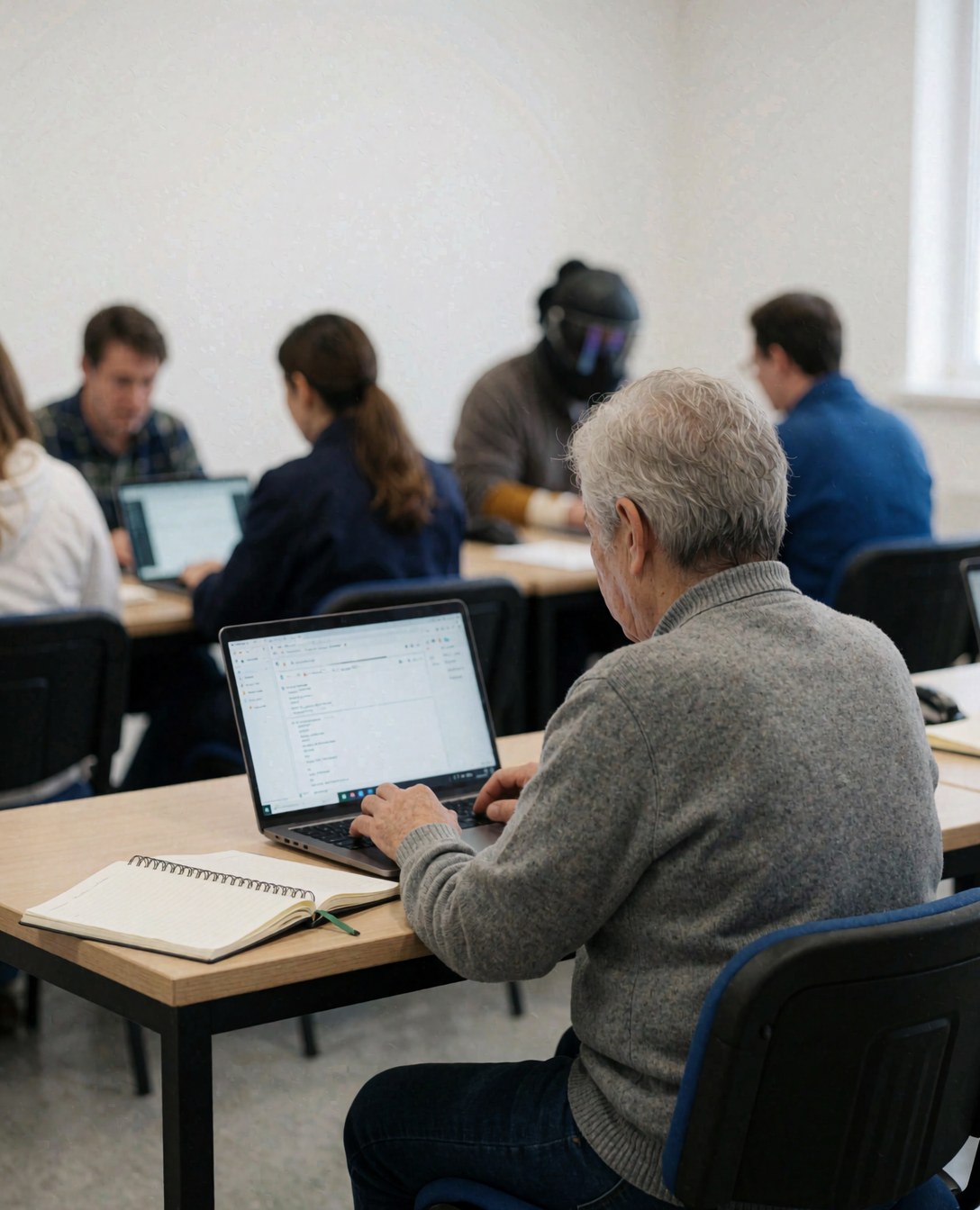 An adult works on a laptop in a programming class with an open notebook beside them in a bright, modern study environment.