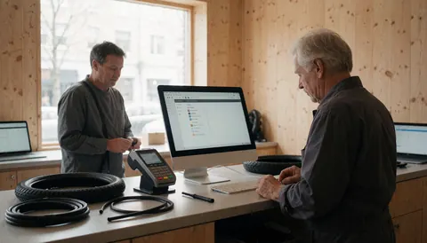 A bike shop technician works at a computer terminal while a customer inspects a tire in a workshop with wooden walls.
