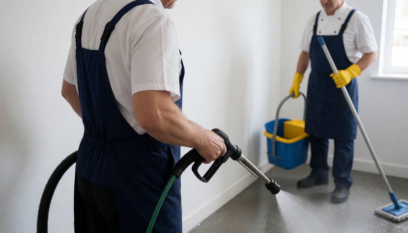 Two professional cleaners working on a concrete floor with white walls, one using a water gun and the other with a bucket and mop.