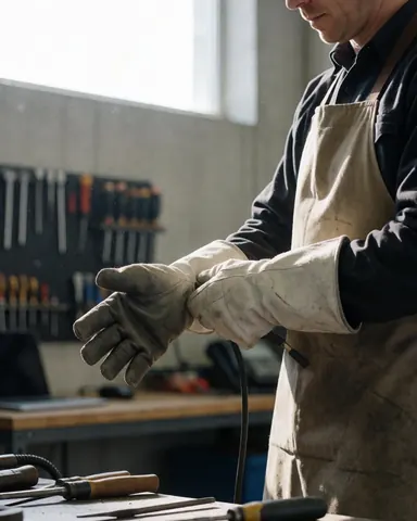 Close-up of a worker's hands putting on protective leather welding gloves in a workshop with tools and natural light.