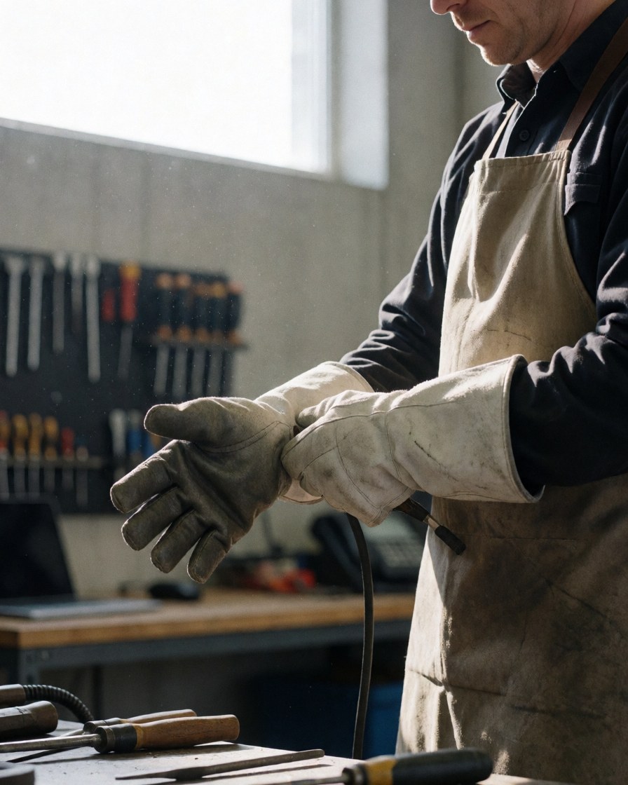 Close-up of a worker's hands putting on protective leather welding gloves in a workshop with tools and natural light.