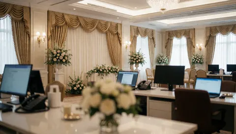 Banquet hall decorated with golden drapes, floral centerpieces, and tables set with laptops for corporate events