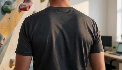 Back view of a climber on an indoor wall with holds, warm sunset light, technical shirt, preparing to climb.