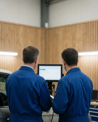Two mechanics in blue uniforms check a vehicle using a laptop in a workshop with wooden walls.