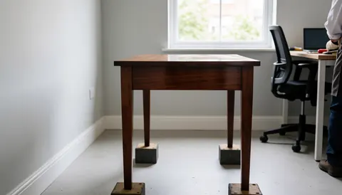 A restored wooden table resting on protective blocks in a room with gray walls and natural light, with a person working in the background.