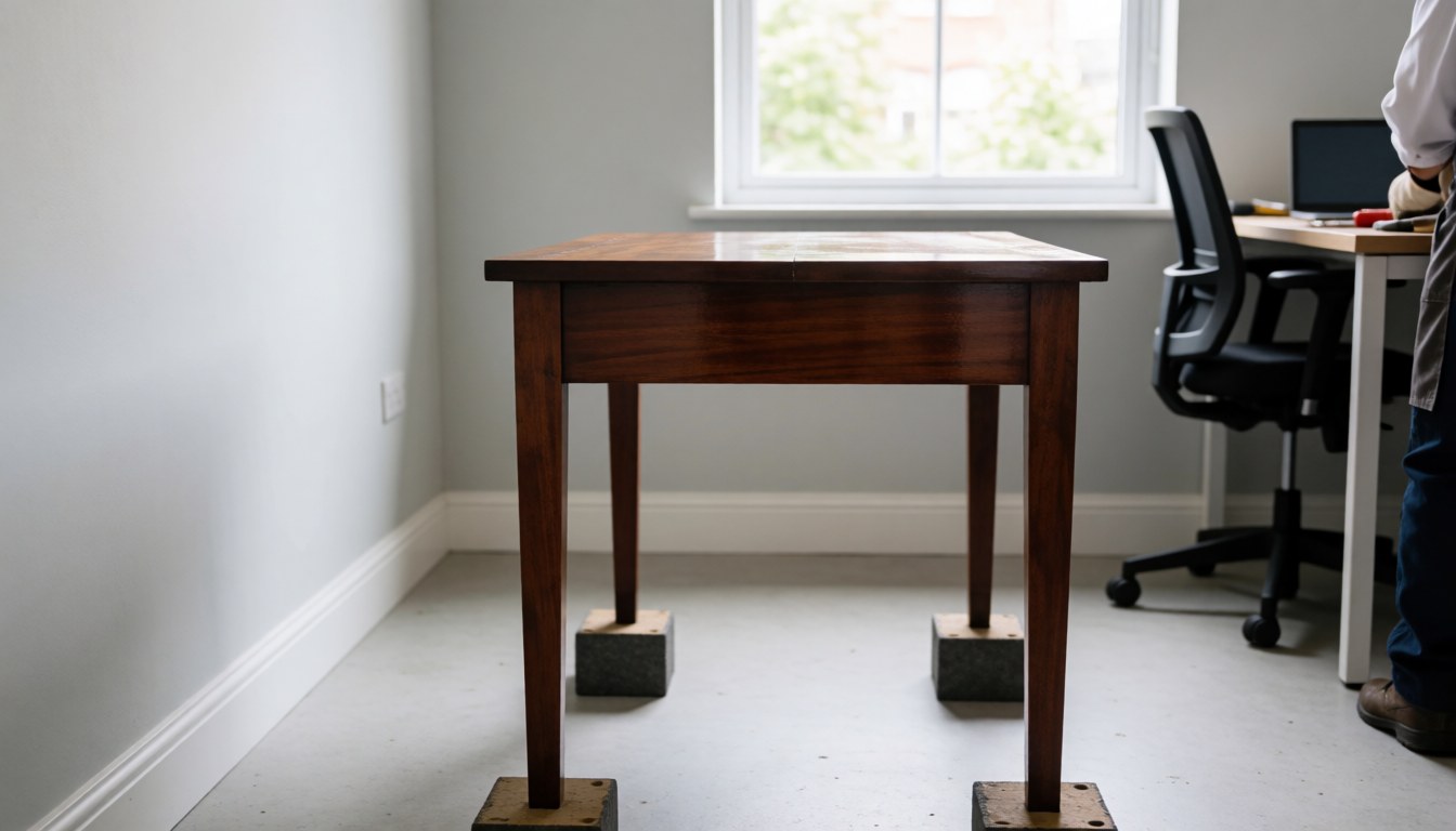 A restored wooden table resting on protective blocks in a room with gray walls and natural light, with a person working in the background.