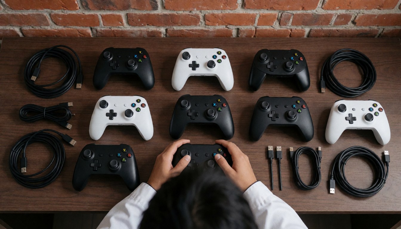 New video game controllers and USB cables placed on a wooden table with a brick wall background, suitable for console repair shop product display