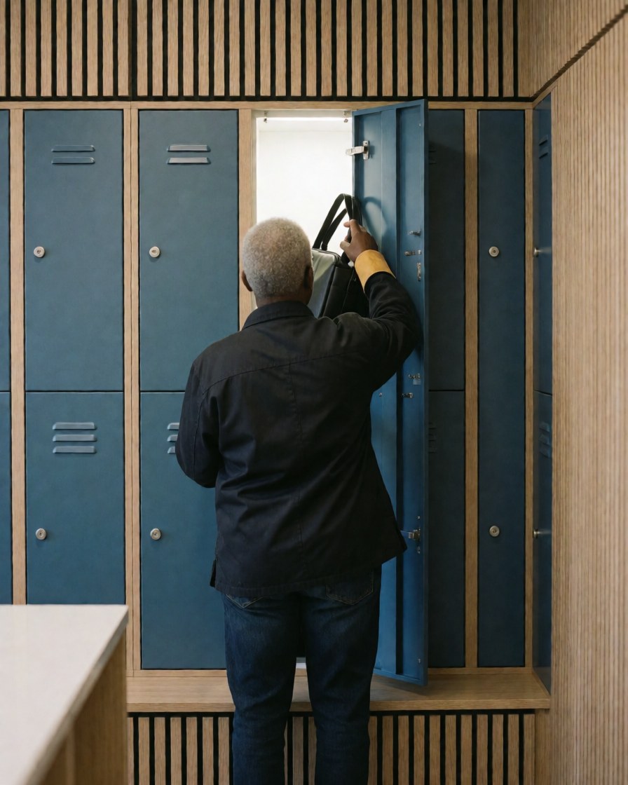 A person taking a bag out of an open blue locker in a clean lobby with wooden slat walls and bright lighting.