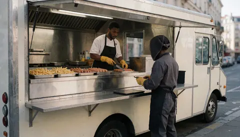 Two people working at a food truck, slicing sausages and fries on a street with an urban background.