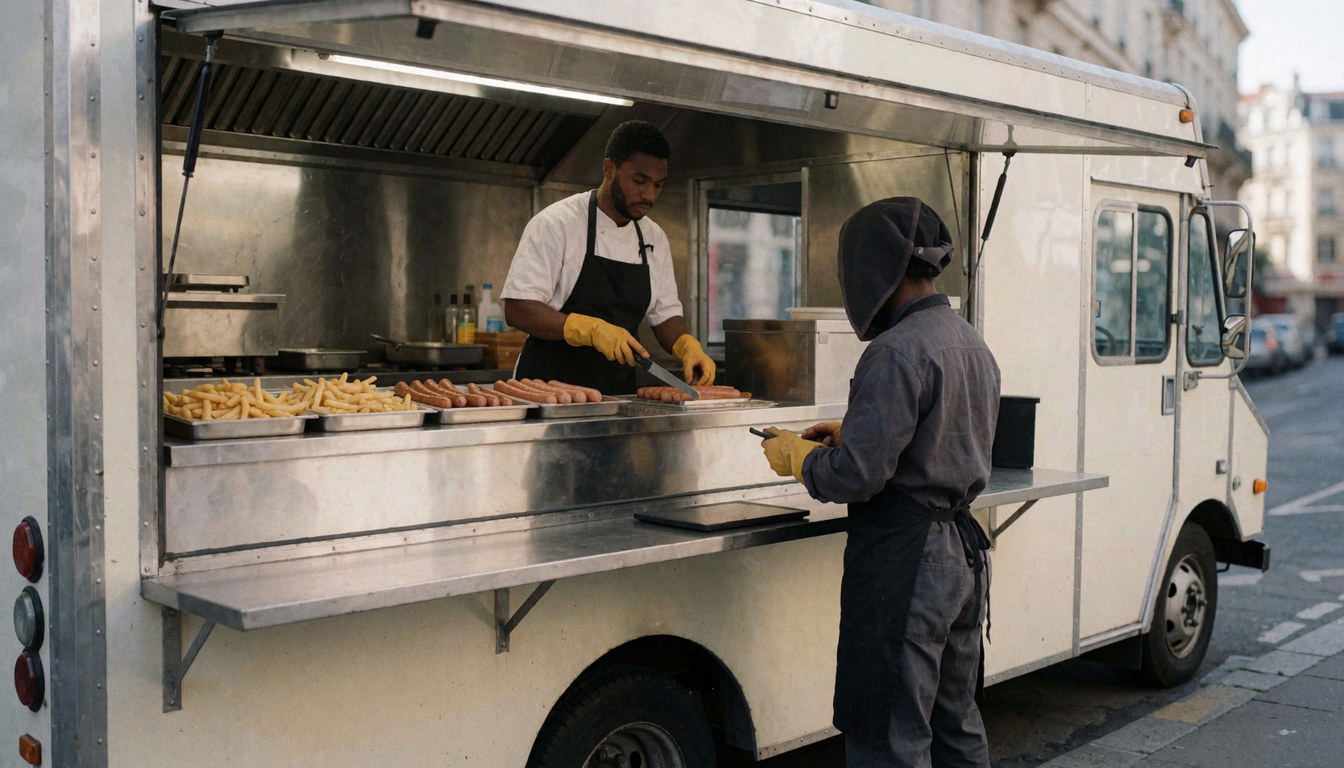 Two people working at a food truck, slicing sausages and fries on a street with an urban background.